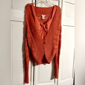 size small, boho crocheted sweater with undershirt orange
